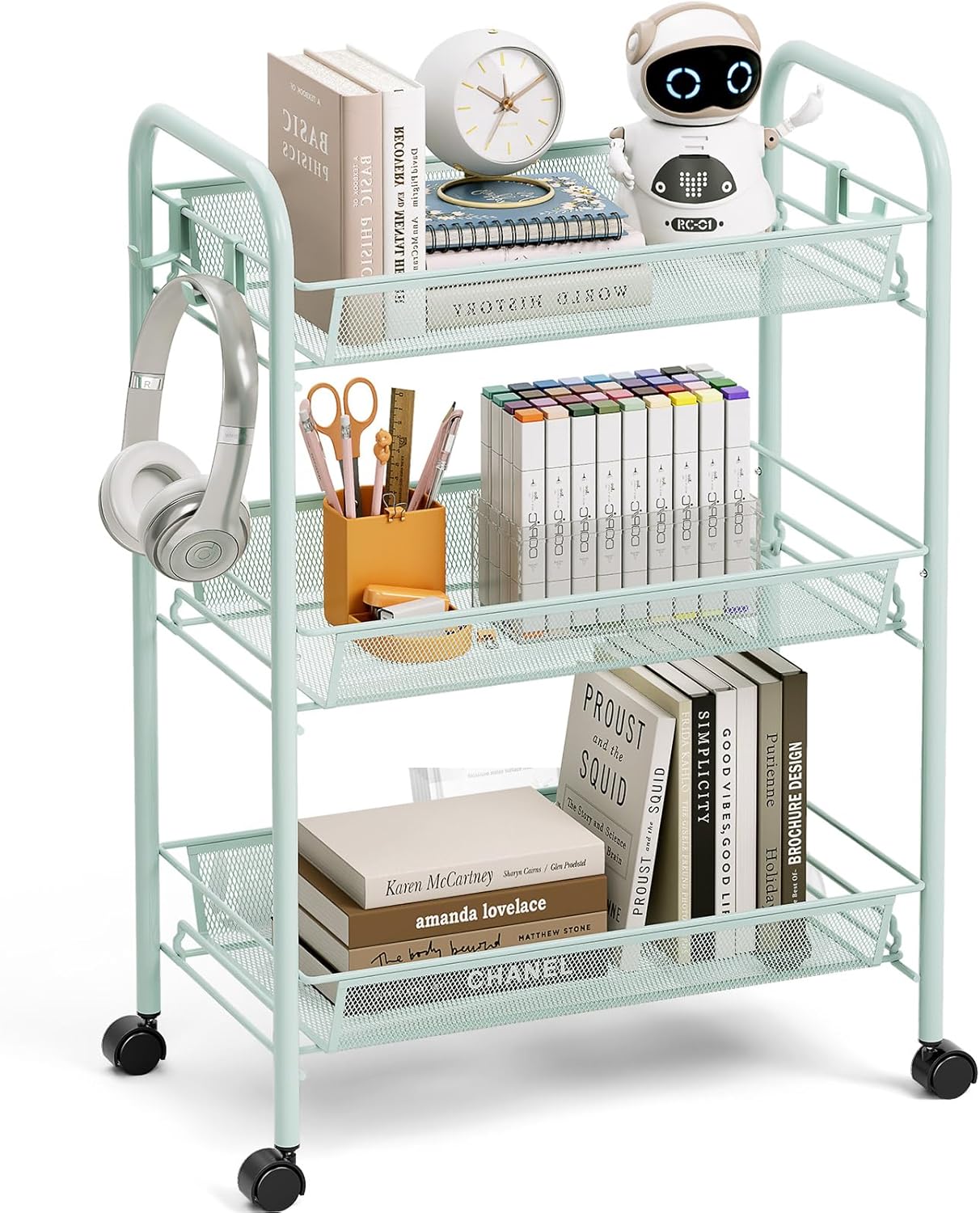 TOOLF 3-Tier Metal Rolling Cart, Mesh Wire Easy Assemble Utility Cart, Storage Trolley on Wheels with 3 Hooks, MetalStorage Shelving Units for Kitchen Bathroom Laundry Room