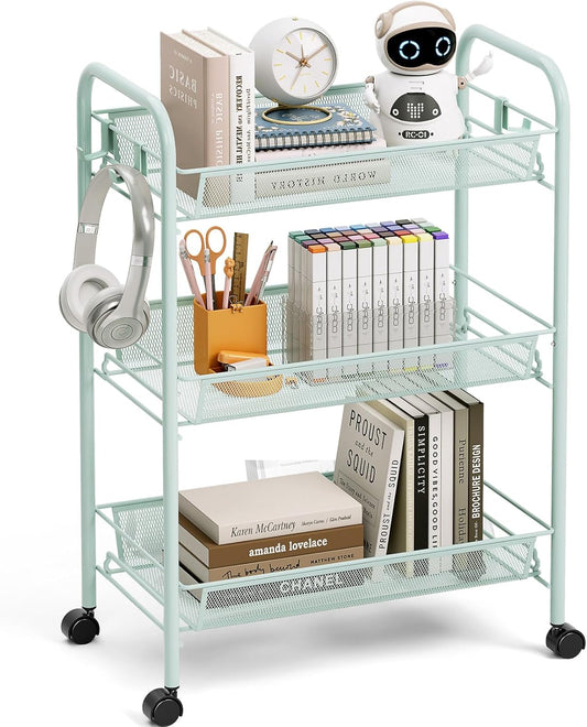 TOOLF 3-Tier Metal Rolling Cart, Mesh Wire Easy Assemble Utility Cart, Storage Trolley on Wheels with 3 Hooks, MetalStorage Shelving Units for Kitchen Bathroom Laundry Room