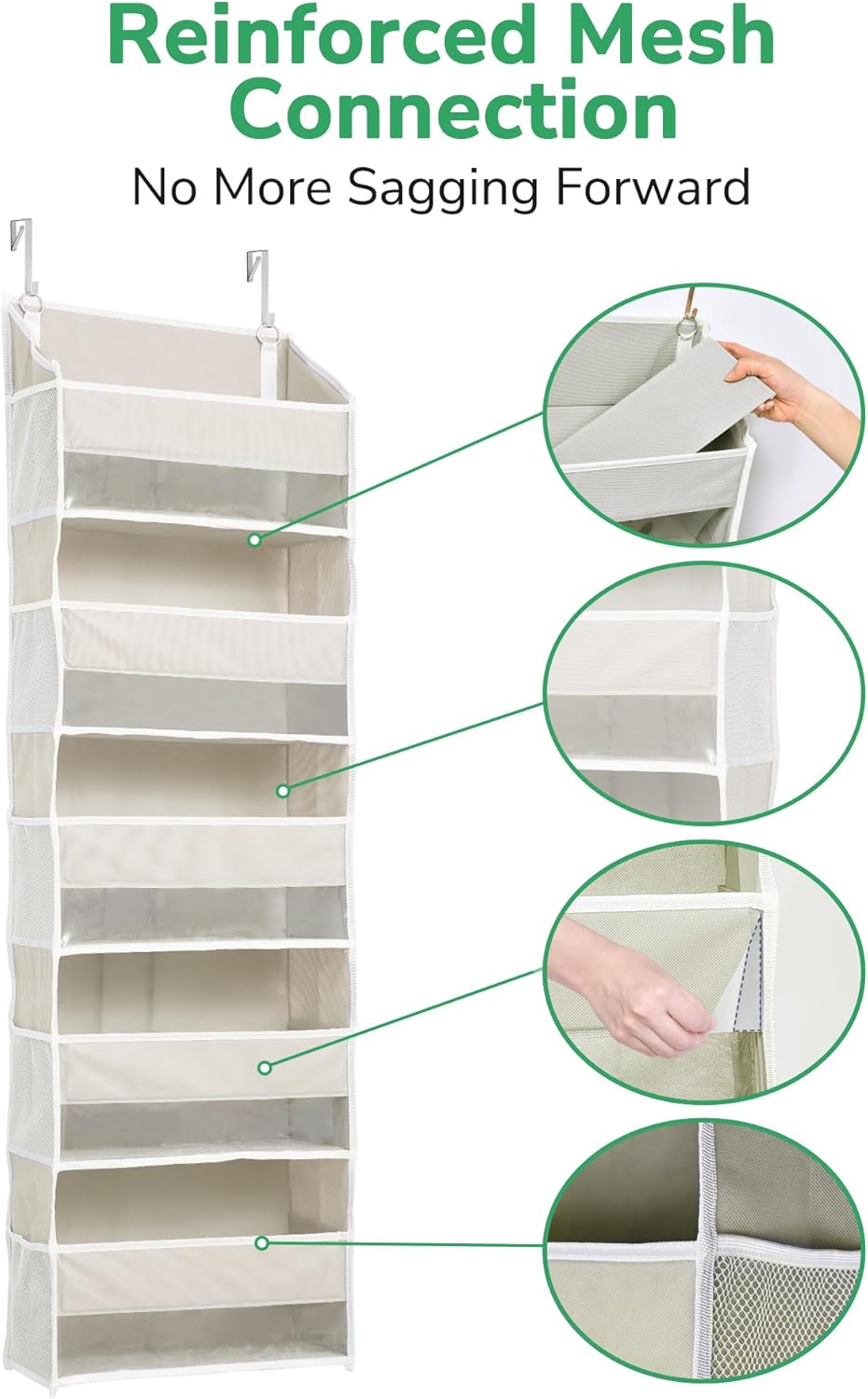 ULG 1-Pack Over Door Organizer with 5 Large Pockets 10 Mesh Side Pockets, 44 lbs Weight Capacity Hanging Storage Organizer with Clear Window for Bedroom Bathroom Kitchen, RV, Camper, Beige