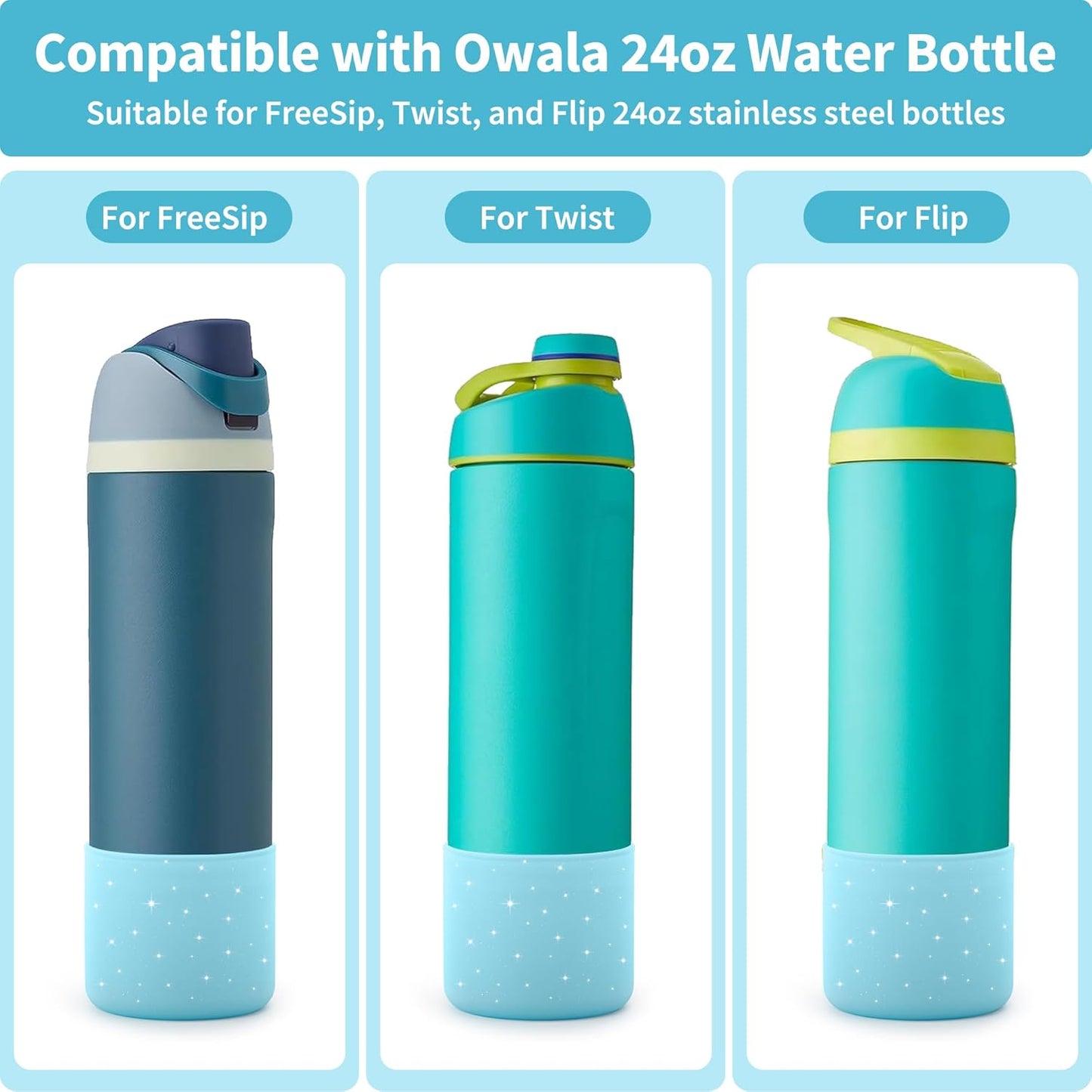 Silicone Water Bottle Boot for Owala 24 oz, Anti-Slip Protective Sleeve for Owala Twist & FreeSip & Flip Stainless Steel Water Bottle, Boot Bottom Base for Owala (Glitter Blue)