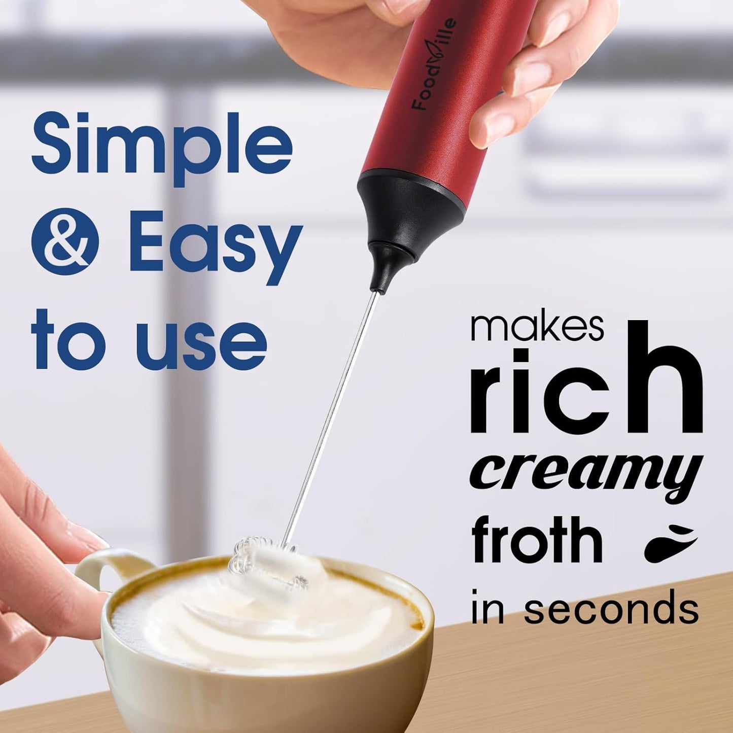MF05 Rechargeable Milk Frother USB Charging Handheld Foam Maker with Stainless Balloon Whisk for Cappuccino, Latte, Bulletproof Coffee, Keto Diet, Protein Powder, Matcha (Red)