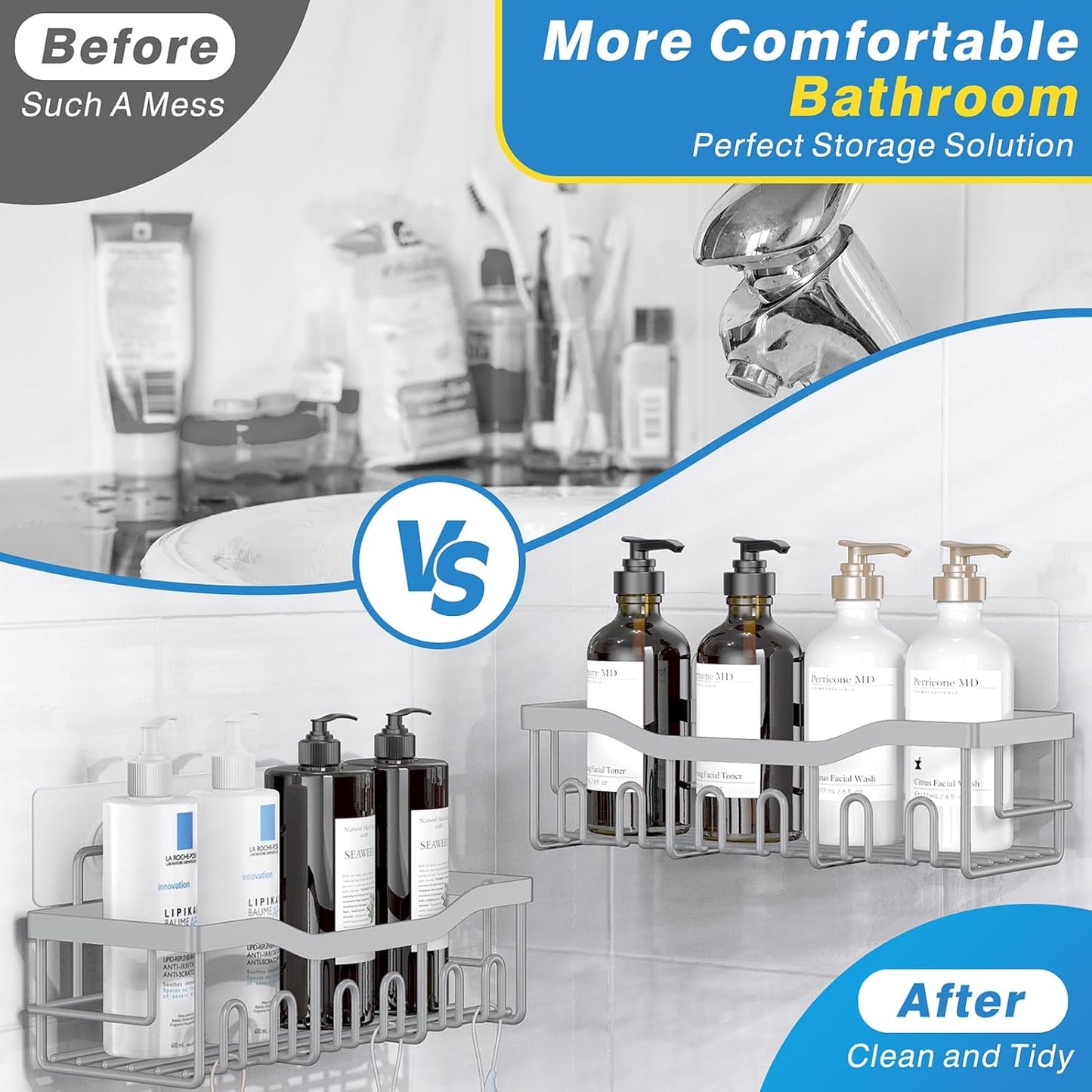 EUDELE Shower Caddy 2 Pack, Adhesive Shower Organizer for Home Decor & Kitchen Storage, No Drilling, Rustproof Stainless Steel Bathroom Shelf Organizer