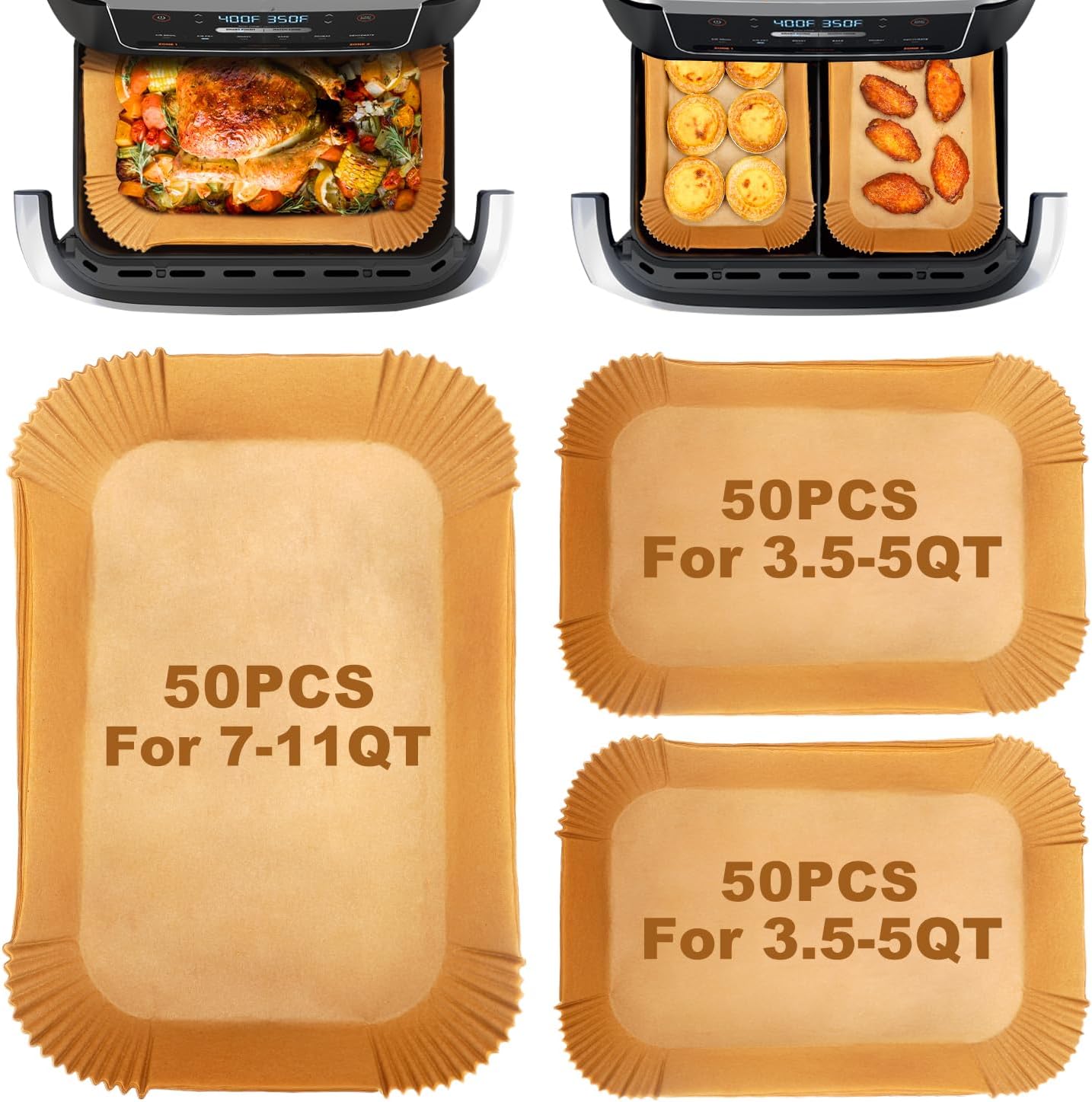 Vailnd Air Fryer Liners Disposable for Ninja DZ071 Foodi 7-QT/Instant Pot VersaZone 9QT/Topzee 11-QT Air Fryer, 100PCS Small Parchment Paper for Divider Basket & 50PCS Large Paper Liners for MegaZone