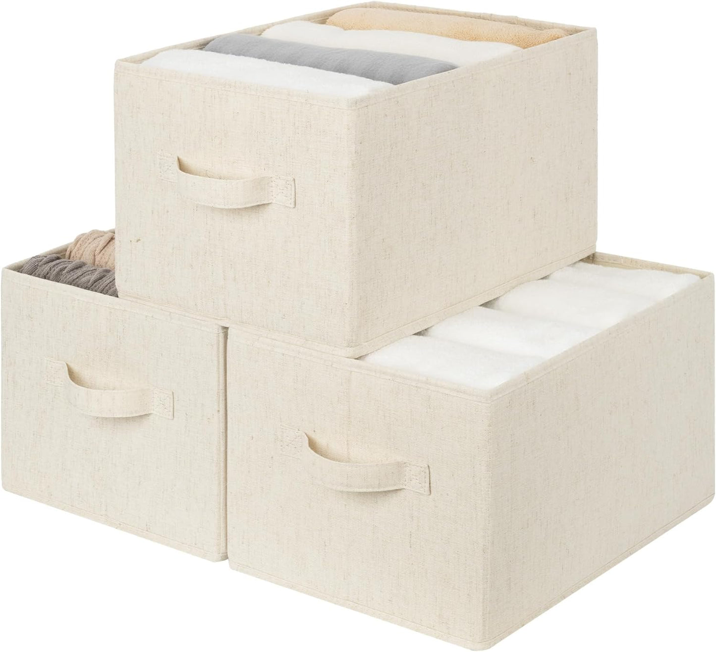 StorageWorks Storage Baskets for Shelves, Foldable Fabric Closet Storage Bins with Handles, Fabric Storage Bins Clothes Organizer, Beige(Cotton-linen), 3-Pack, Large