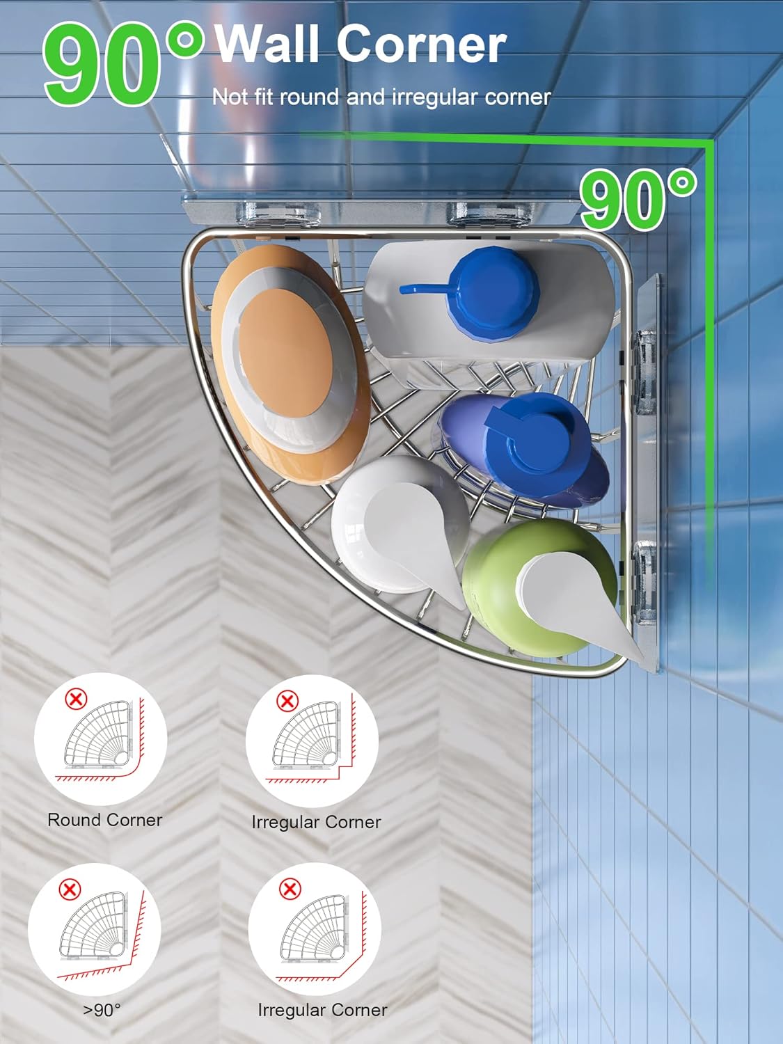 SMARTAKE 2-Pack Corner Shower Caddy Deep Basket Design, SUS304 Stainless Steel, Wall Mounted Bathroom Shelf with Adhesive, Storage Organizer for Toilet, Dorm and Kitchen (Silver)