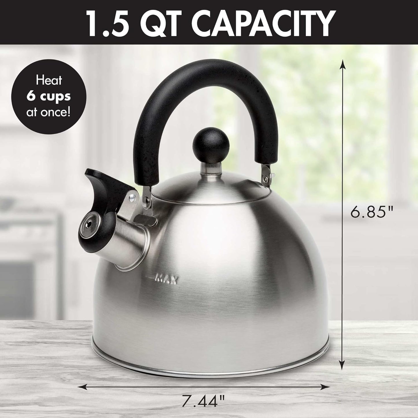 Primula Stewart Whistling Stovetop Tea Kettle Food Grade Stainless Steel, Hot Water Fast to Boil, Cool Touch Folding, 1.5-Quart, Brushed with Black Handle (Pack of 4)