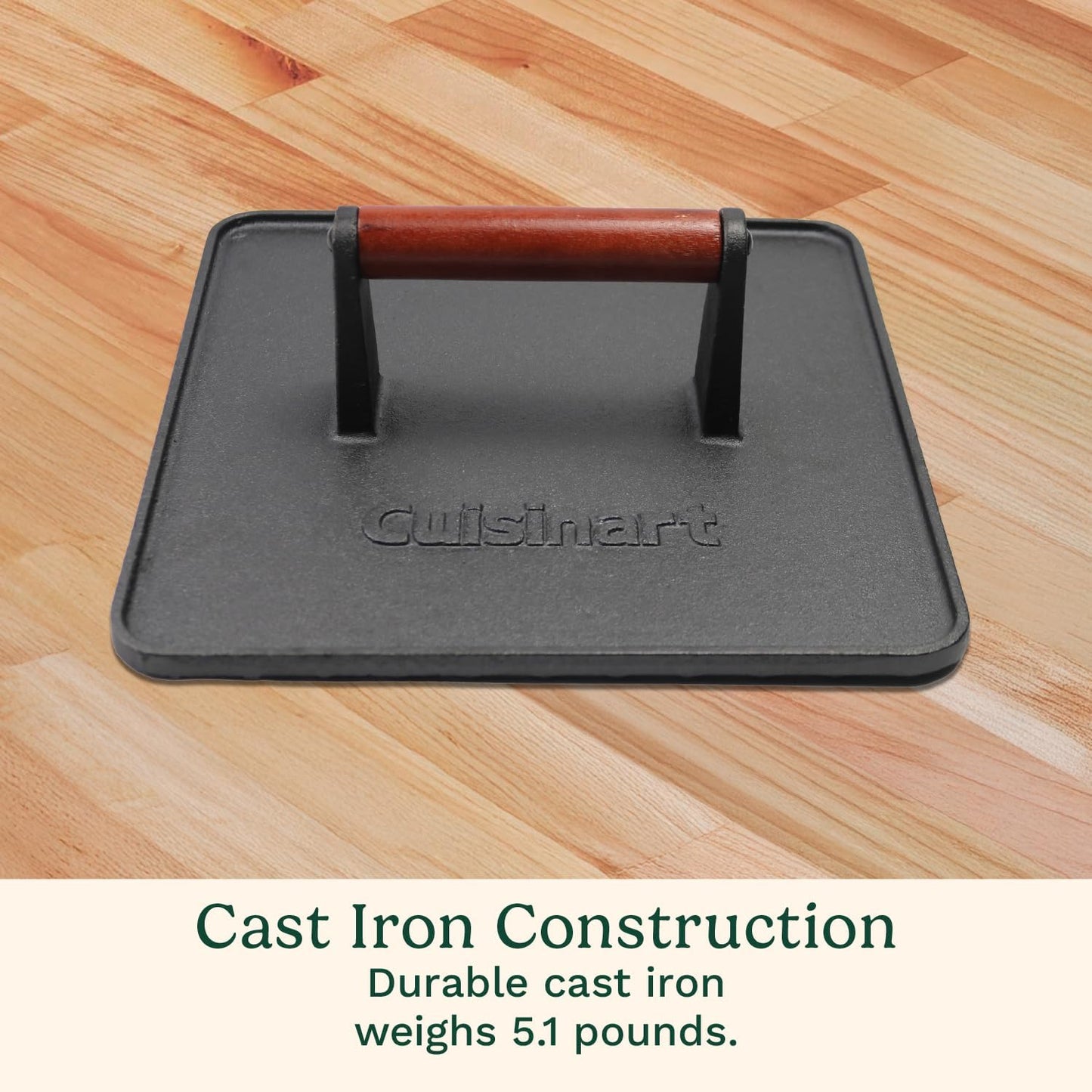 Cuisinart XL Cast Iron Grill Press, 10" x 10" Heavy-Duty Nonstick Smash Burger Steak Press with Wooden Handle, Perfect Grill Accessory Ideal for Grilling, Paninis, and BBQs
