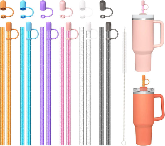 12 Color Replacement Straws with Cover Caps for Stanley Cup 40 oz 30 oz 20 oz 14 oz 64 oz Tumbler, Reusable Drinking Straws with Topper, Stopper, Cleaning Brush for Stanley Cup Accessorie