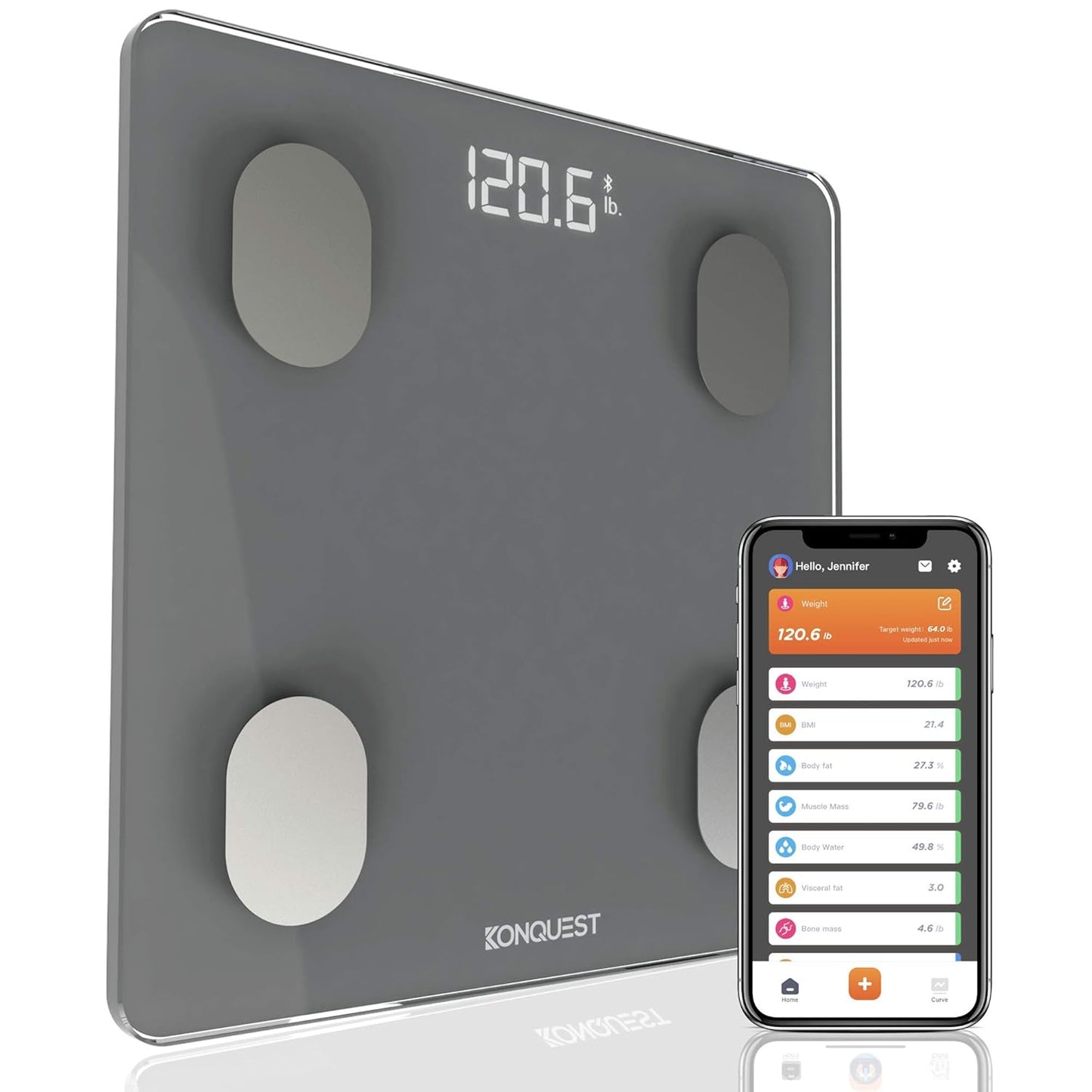 KONQUEST Smart Scale for Body Weight, Digital Bathroom Scale BMI Weighing Bluetooth Body Fat Scale, Body Composition Monitor Health Analyzer with Smartphone App, 400 lbs - Cool Gray