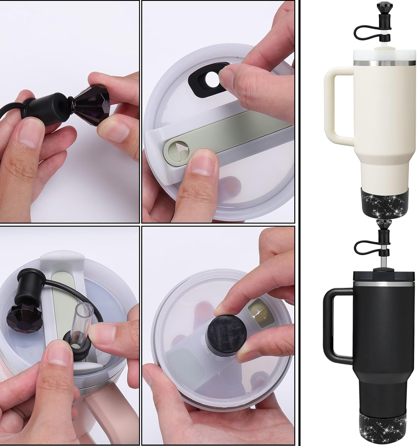 Mity rain Set for Stanley Cup Accessories, Including 2Pcs Straw Topper, 4 Pcs Silicone Spill Proof Stopper, 2Pcs Protective Glitter Silicone Boot, Set for Stanley Cup 40/30 OZ(2 Black)