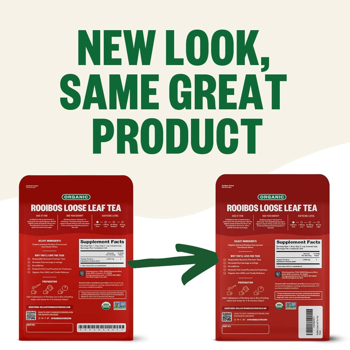 FGO Organic Rooibos Tea, 16 Ounce Loose Leaf Bulk Resealable Bag, Caffeine Free, Packaging May Vary (Pack of 1)