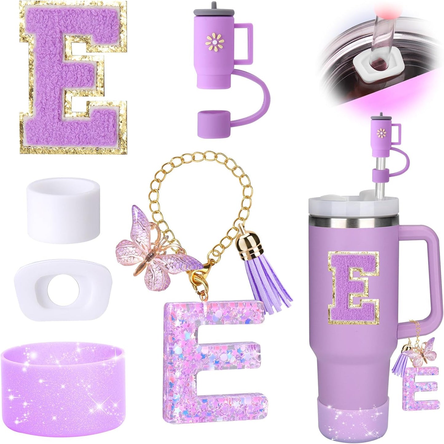 Mity rain 6PCS Cup Accessories Set for Stanley Cup 30oz 40oz tumbler with handle, Including Silicone Straw Topper Cover Cap and Boot, Spill Proof Stopper, Handle Charm, Initials Sticker (Letter E)