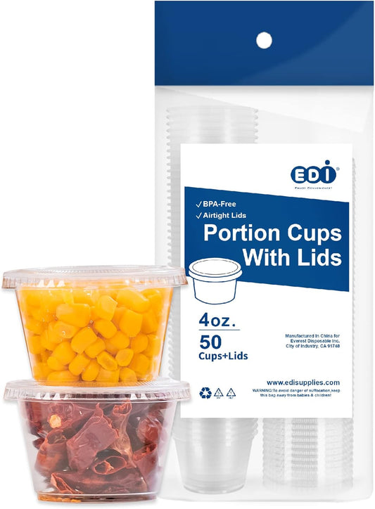 EDI 4 Ounce Clear Plastic Disposable Portion Cups/Souffle Cup with Lids, 50 Sets