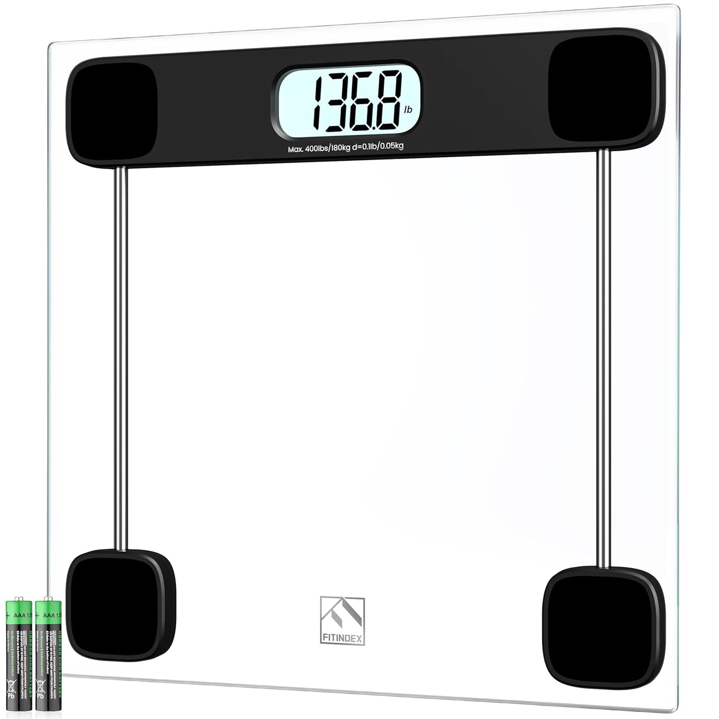 FITINDEX Bathroom Scale for Body Weight, Highly Accurate Digital Weighing Scale with Large LCD Display, Transparent and Slim Tempered Glass, 400 lbs, Black