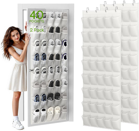 Unjumbly Over the Door Shoe Organizer with 40 Large Breathable Mesh Pockets, Space Saving Shoe Holder, Hanging Shoe Rack for Entryway Bedroom Closet Storage (White, 80 Pockets)