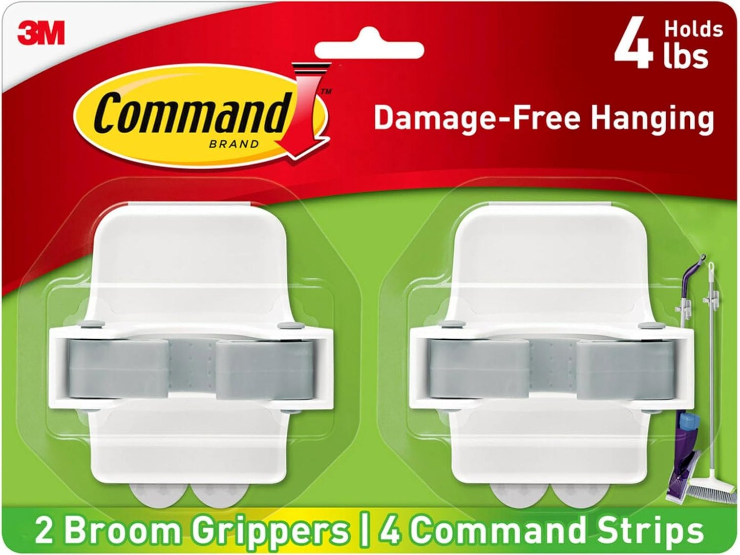 Command Broom and Mop Grippers, 2 Hangers&4 Strips, Damage-Free Hanging Wall Mount Broom & Mop Holder, Household Cleaning Organizer for Organization & Storage, Holds up to 4 lb (Pack of 6)