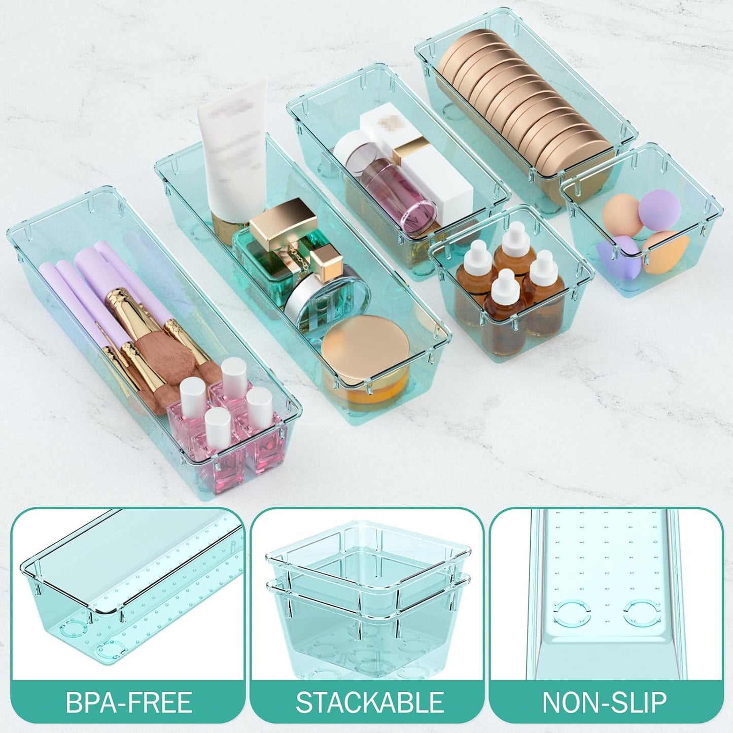 WOWBOX 12 Pack Clear Drawer Organizer Set, Acrylic Drawer Storage Trays, Storage Bins for Makeup, Cosmetics, Jewelries, Utensils, Gadgets, Office, Sea Blue