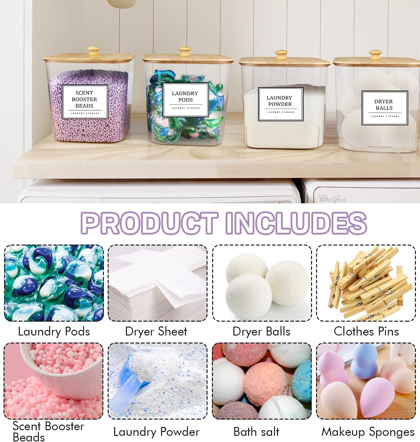 4 Pack Clear Laundry Pod Container, Laundry Room Organization Containers with Wooden Lids & Labels - Large Detergent Powder Storage for Room Organization, Scent Booster Holder