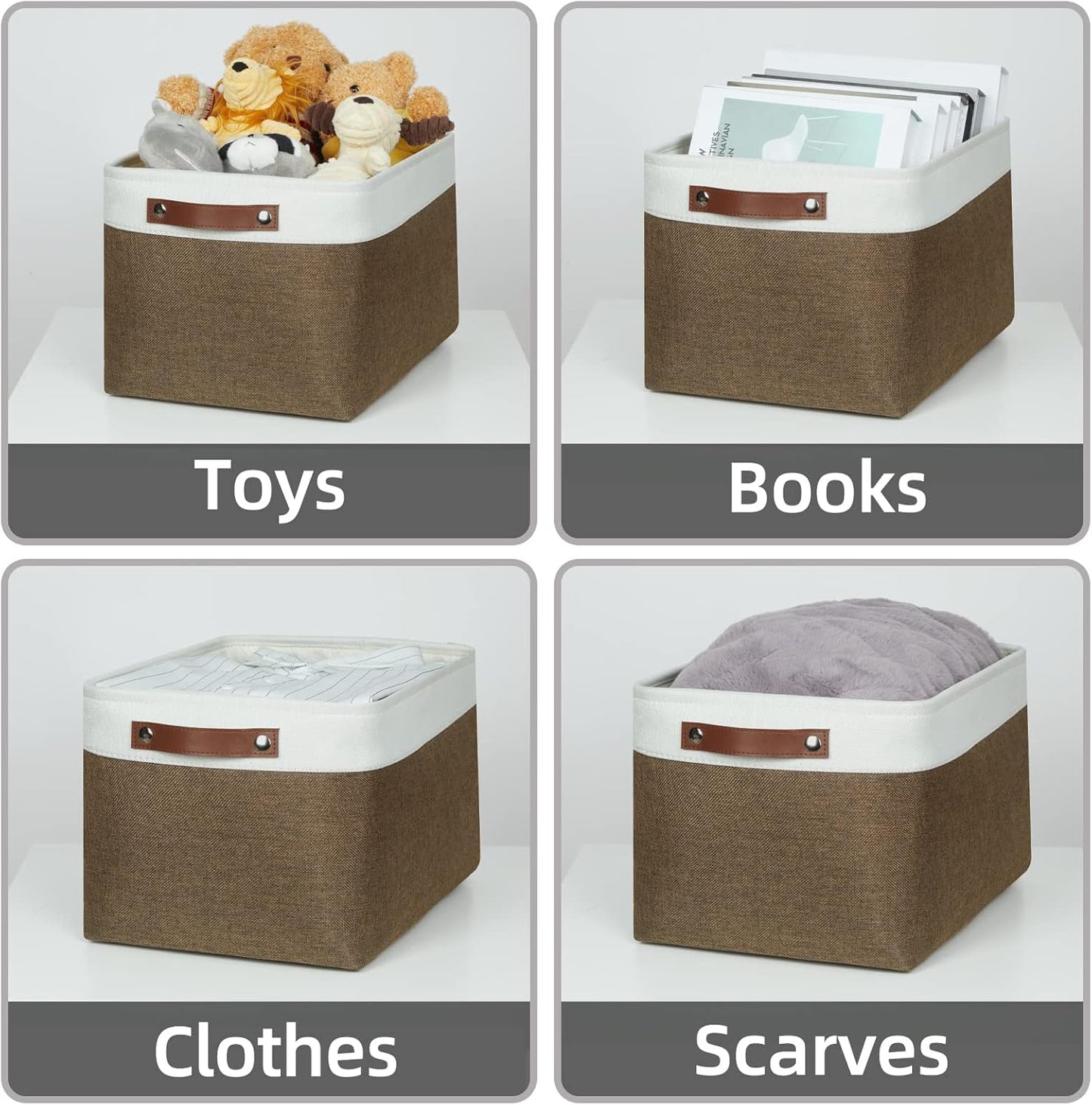 HNZIGE Fabric Storage Baskets (3 Pack) - Decorative Foldable Shelf Baskets with Leather Handles for Organizing Clothes (Brown & White, 15" x 11" x 9.5")
