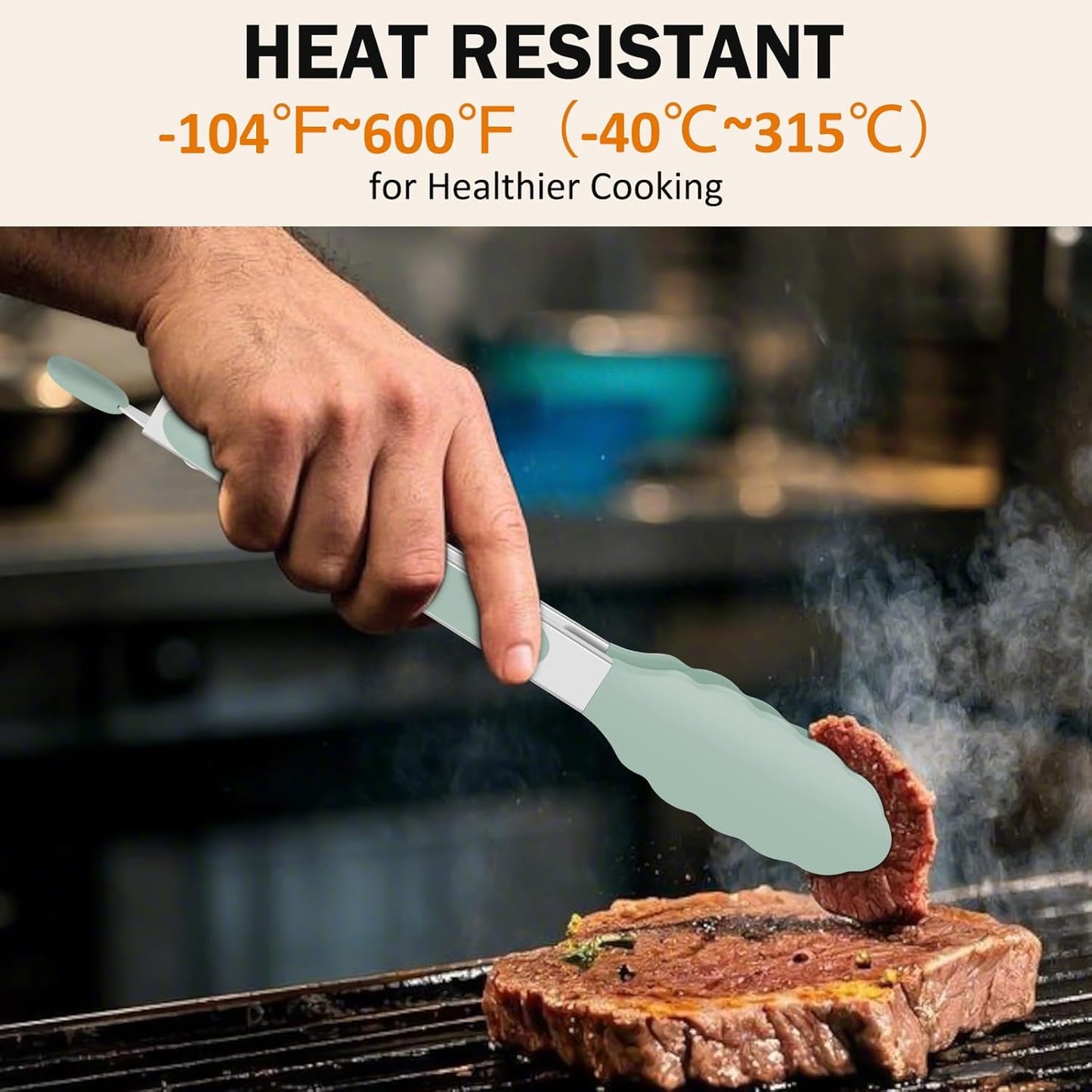 Kitchen Tongs, Set of 3 Stainless Steel Tongs with Silicone Tips Locking Cooking Tongs 600ºF Heat Resistant Tong for Cooking BBQ Grilling Air Fryer Serving Food Salads, 7"+9"+12" Light Green