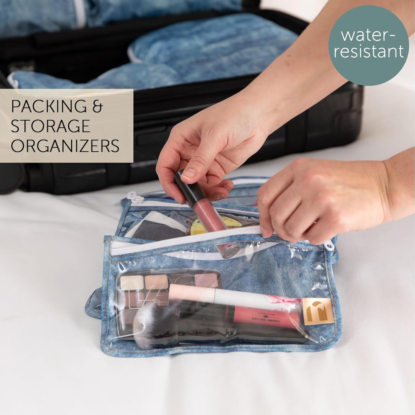 Roamio Travel Bag, Toiletry, TSA Approved Pouch, Zip Quart Size Airline Compliant, Clear-Sided, Baby, Diaper Bag Organization, Makeup, Accessories, Carry On Packing, Set of 3 Sizes, Faux Denim