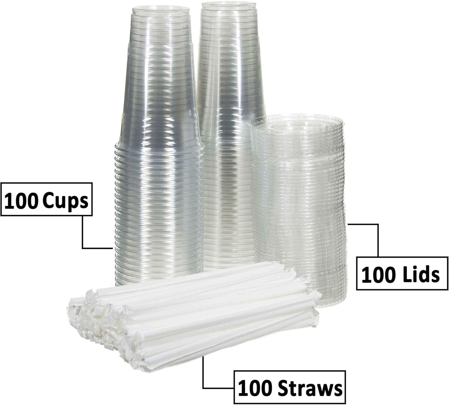 SafeWare Clear Disposable Plastic Cups 24oz with Flat Lids and Straws, Togo Disposable Iced Coffee Cups - Ideal for Party, Outdoor Picnic, BBQ, House Party, Restaurant Quality - 100 Sets