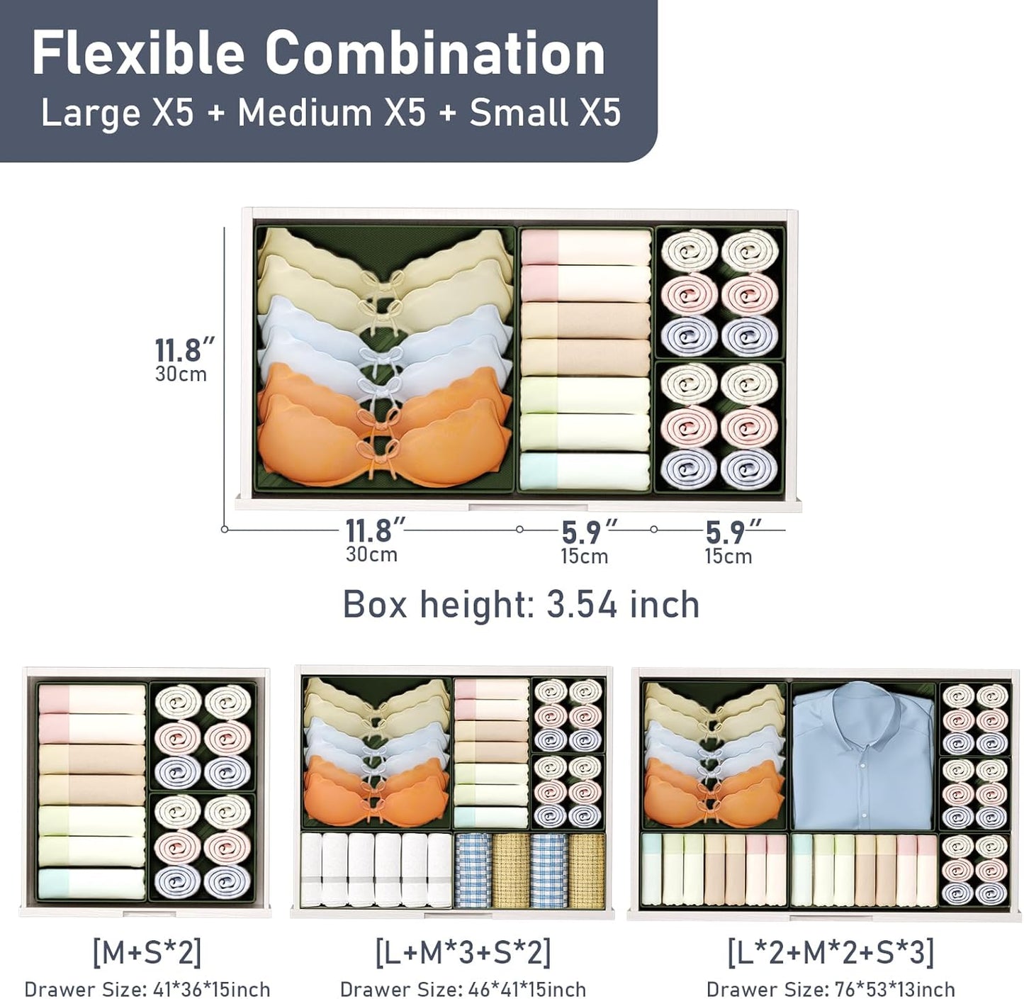 DIMJ Drawer Organizer Clothes, 15 Pack Dresser Organizer, Foldable Closet Organizers and Storage, Fabric Dresser Bins, Drawer Dividers for Nursery, Baby Clothes, Underwears, Sock (Green)