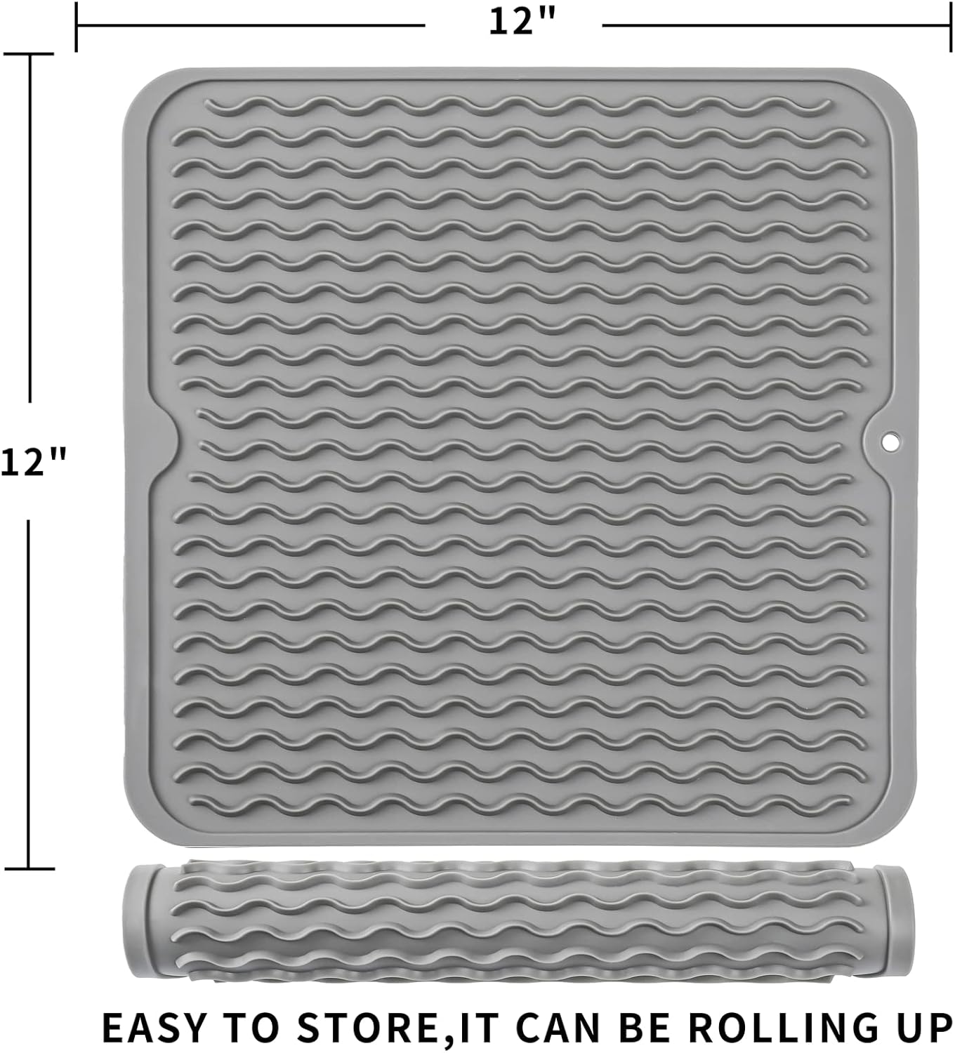 Silicone Dish Drying Mat for Multiple Usage,Easy clean,Eco-friendly,Heat-resistant Silicone Mat for Kitchen Counter or Sink,Refrigerator or Drawer liner Grey M 12 inches x 12 inches