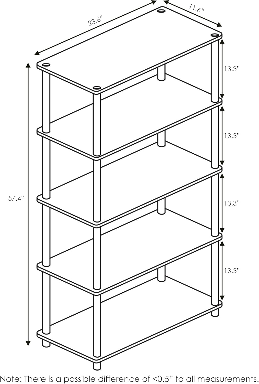 Furinno TURN-N-TUBE Storage Shelves, 5-Tier Book Shelf, Corner Shelf, Toolless Open Shelves, for Organization and Storage, Living Room, Garage, Home Office, Walnut