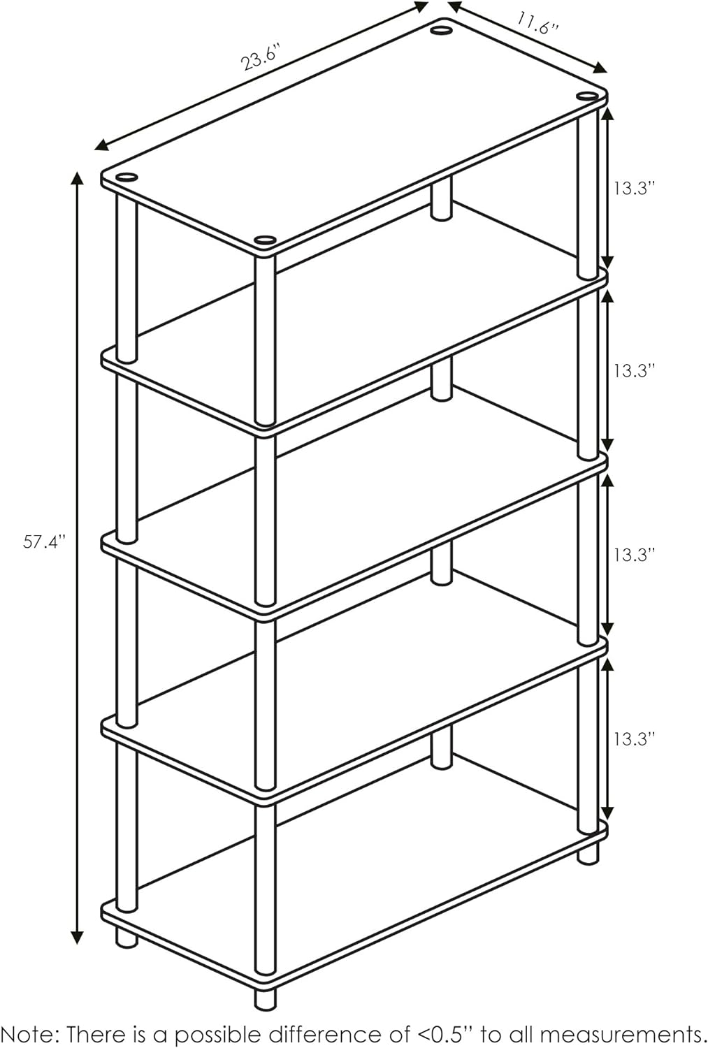 Furinno TURN-N-TUBE Storage Shelves, 5-Tier Book Shelf, Corner Shelf, Toolless Open Shelves, for Organization and Storage, Living Room, Garage, Home Office, Beech
