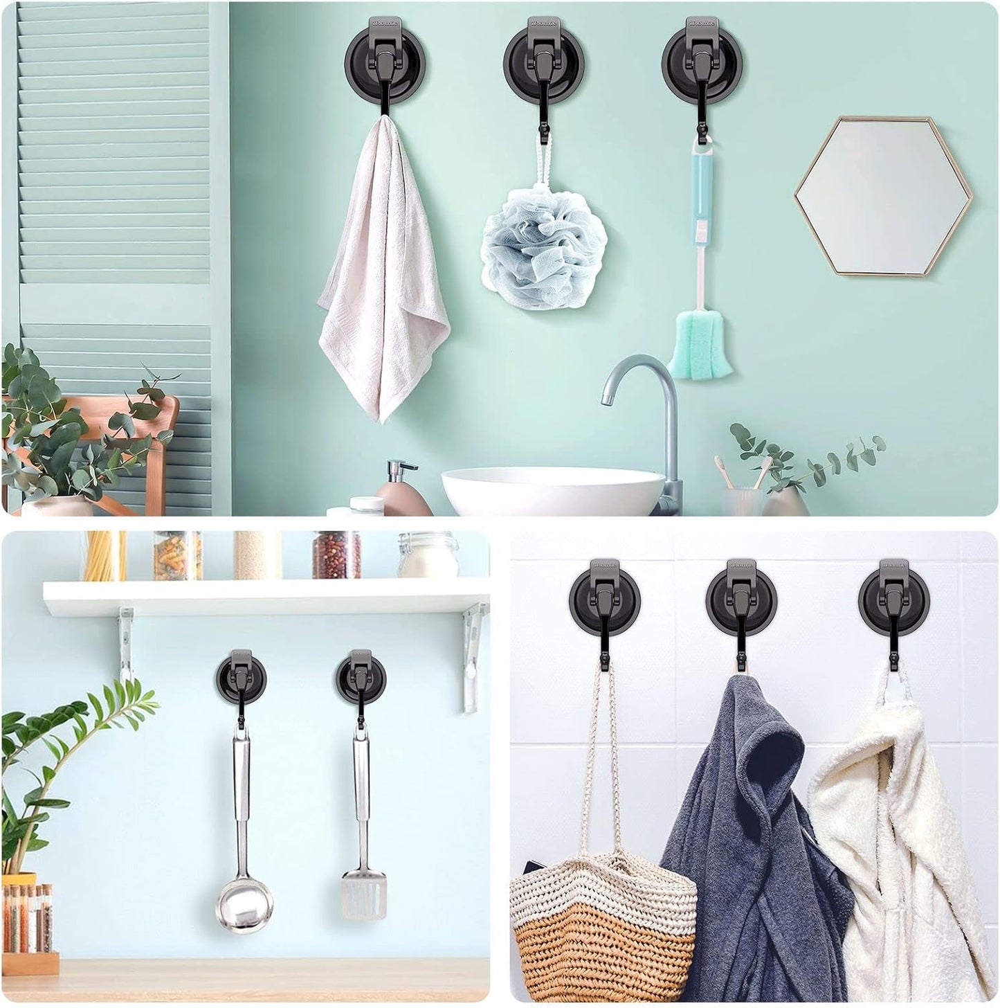 Heavy Duty Vacuum Suction Cup Hooks (2Pack) for Shower,Glass Window,Kitchen&Bathroom&Restroom Organization，Gun Silver.