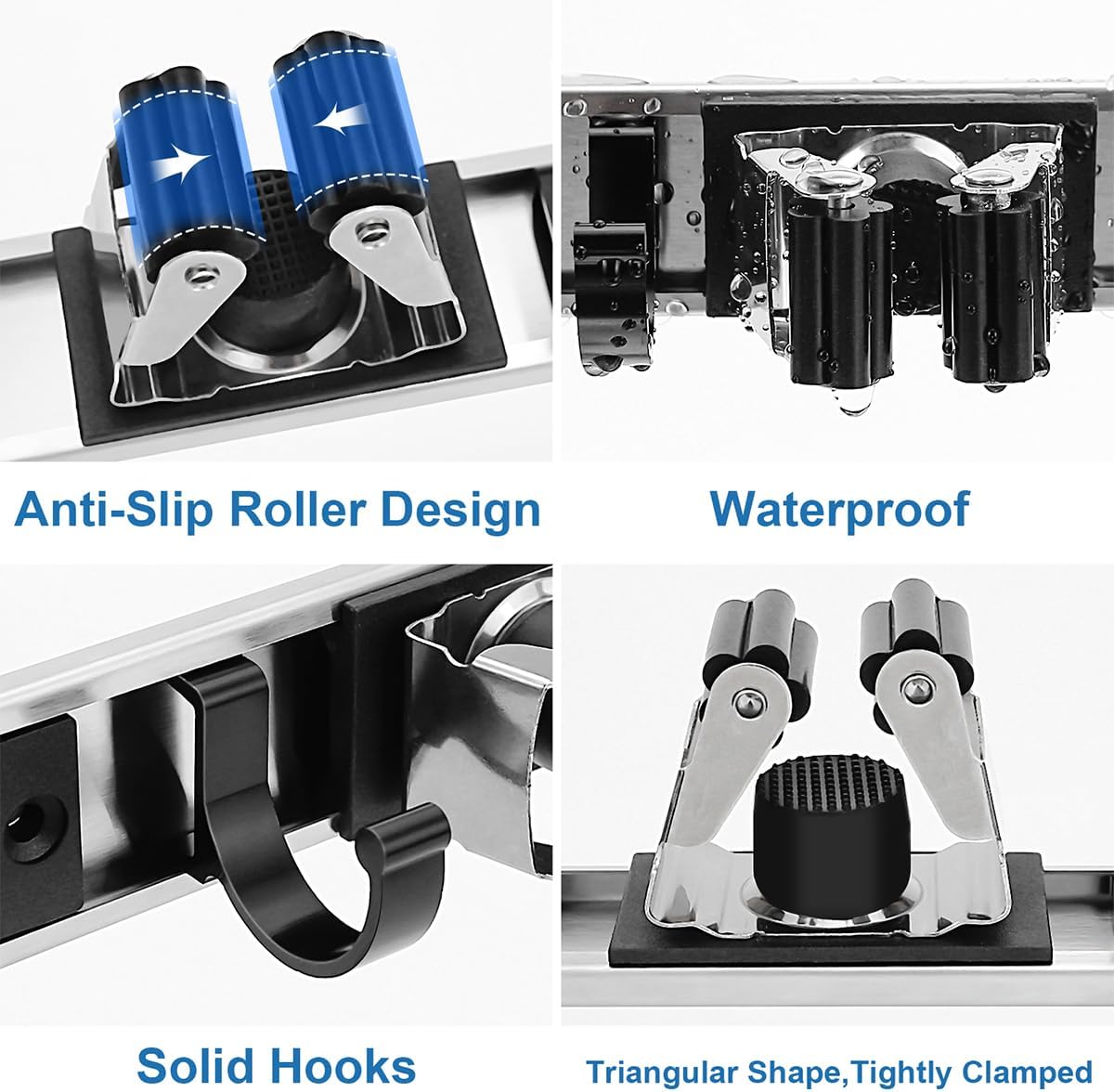 Mop and Broom Holder Wall Mount Metal Heavy Duty Utility Hooks Broom Organizer Garage Storage Systems Tool Racks for Home Laundry Garden Kitchen Organization (Black, 1 Pack 4R5H)