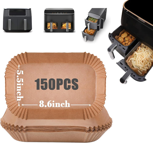 GOAUS Air Fryer 150 Pcs Rectangular Paper Liners Disposable for Dual Air Fryer 2 Baskets 8 to 10 Qt, 8.6x5.5 inches Parchment Paper Rectangle, Fit Ninja DZ201 DZ401 SL401