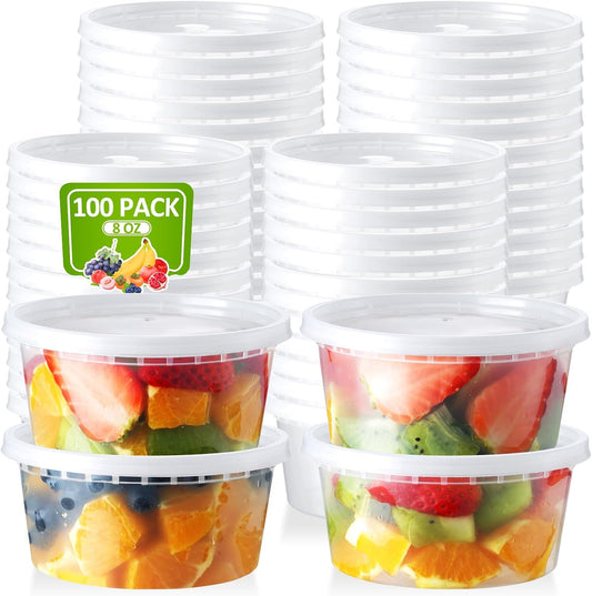 100 Set 8 oz Deli-Containers-with-Lids-Airtight-Plastic-Food-Storage-Containers-with-Lids-Soup-Slime-Overnight-Oat-To-Go-Containers