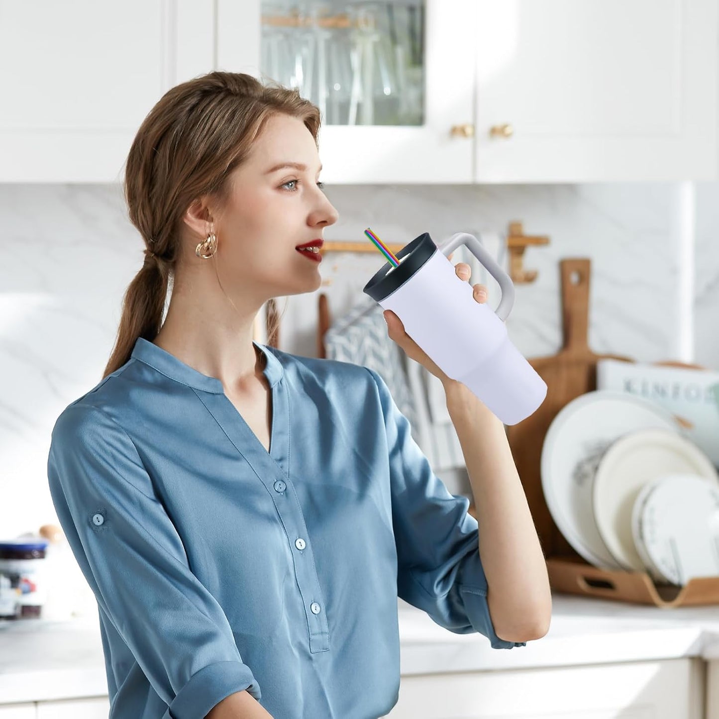 Stainless Steel Straws for Owala Insulated Bottle 40oz Tumbler 6x Metal Replacement Straws 8mm with Cleaning Brush for Owala 40oz (Colorful, 6x Straight 8mm)