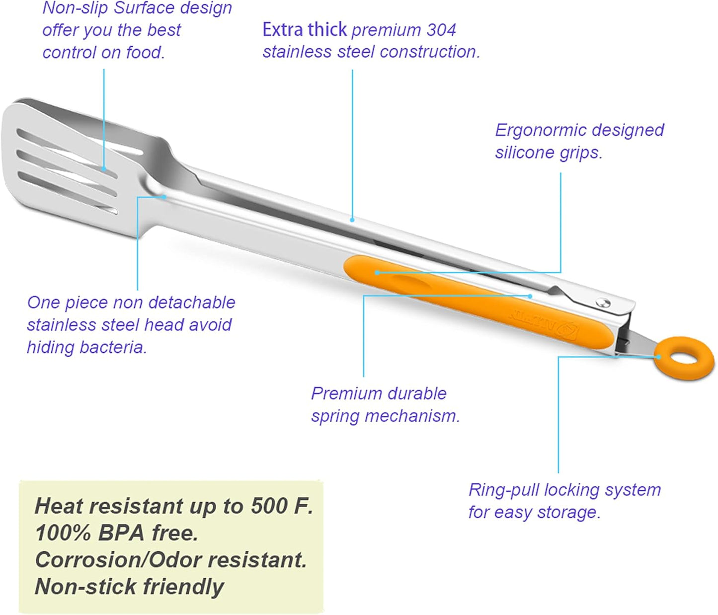 Premium 304 Stainless Steel Barbecue Turners, Heavy Duty Non-Stick BBQ Cooking Kitchen Tongs, 9" and 12" Orange