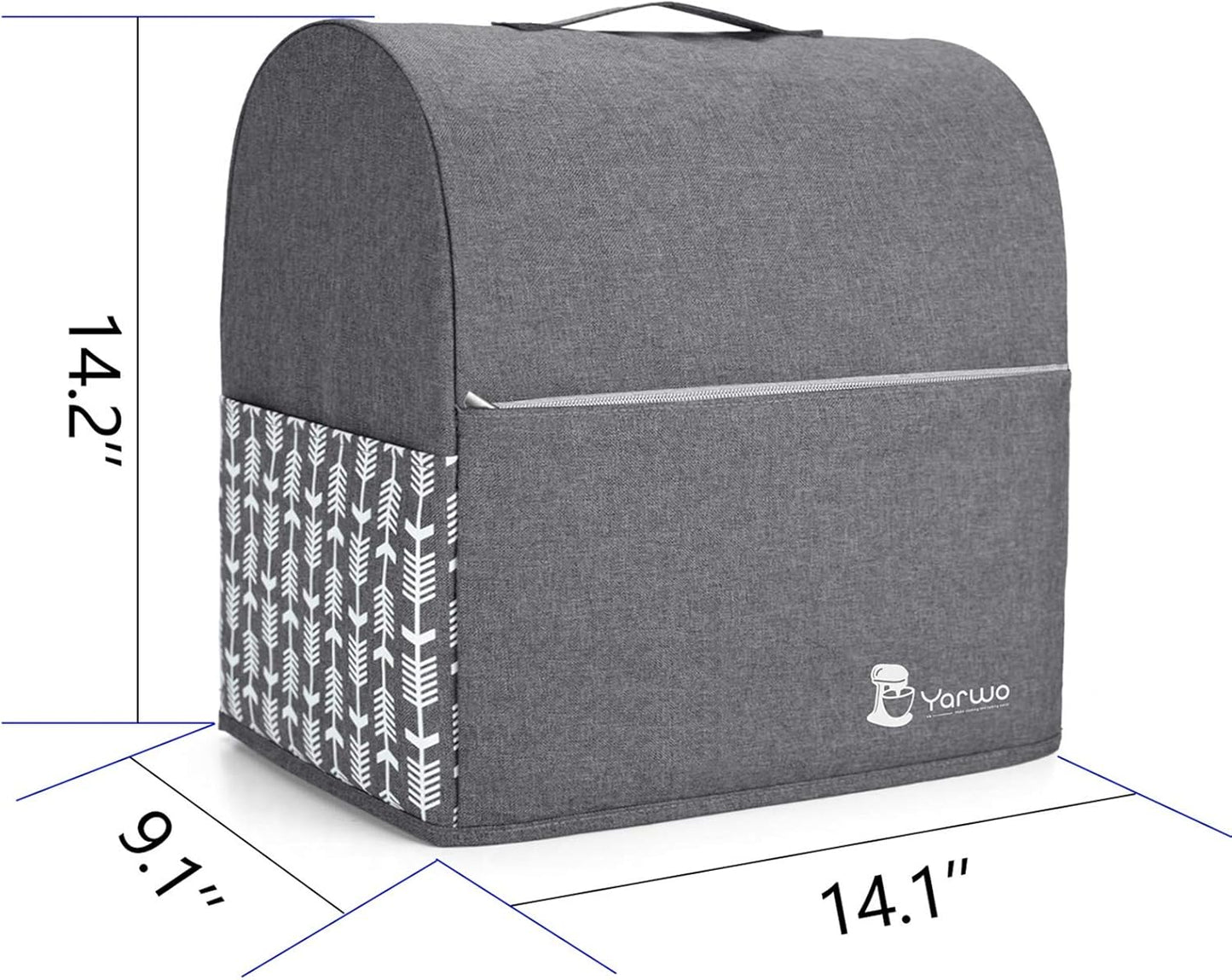 Yarwo Stand Mixer Cover Compatible with 4.5 qt and All 5 qt KitchenAid Mixer, Protective Dust Cover with Top Handle and Pockets for Accessories, Gray with Arrow
