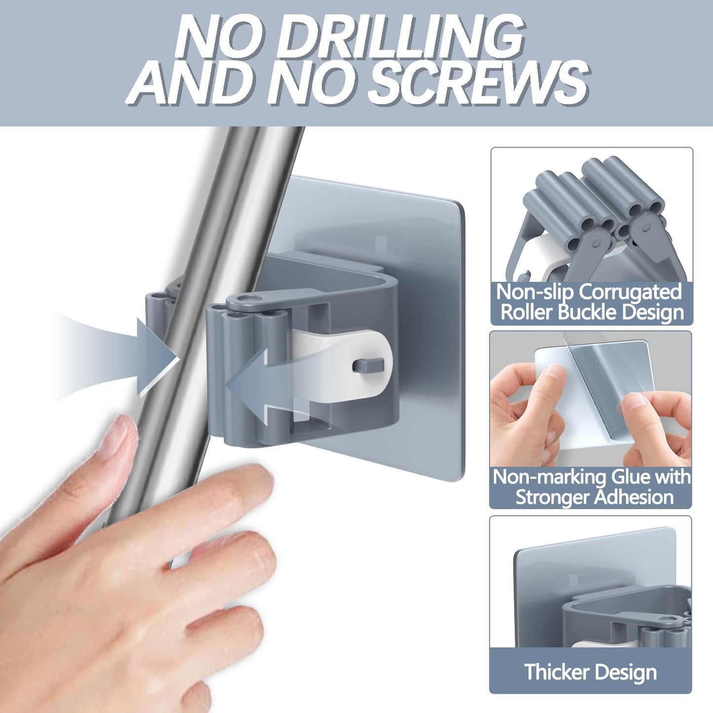 3-H 40-Pack Self Adhesive Broom Holder Wall Mount - Heavy Duty No Drill Broom Organizer for Garage Closet Kitchen, Plastic Storage Rack for Brooms Mops Tools, Grey