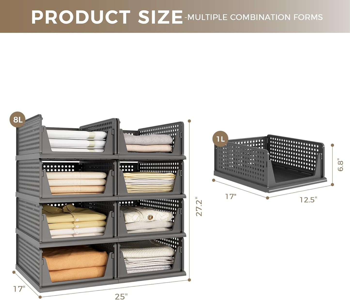 Pinkpum 8 Pack Closet Organizers and Storage Plastic Stackable Storage Bins, Foldable Drawer Shelf Storage Container for Wardrobe Kitchen Bathroom Dorm Black