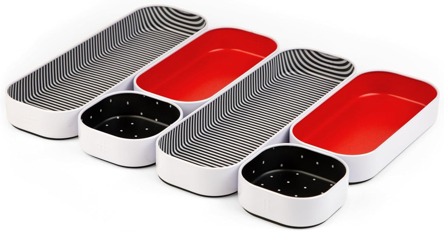 Three by Three Seattle 6 Piece Shallow Metal Organizer Tray Set for Storing Makeup, Stationery, Utensils, and More in Office Desk, Kitchen and Bathroom Drawers (1 Inch, Red Dots and Stripes)