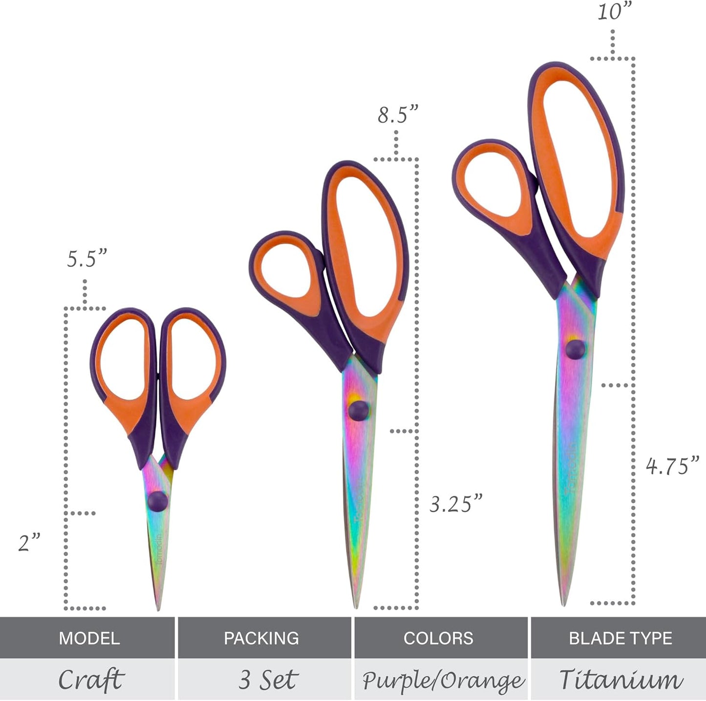 BambooMN Titanium Softgrip Scissors Set for Sewing, Arts, Crafts, Office - Purple w/Orange - 10 Set of 3