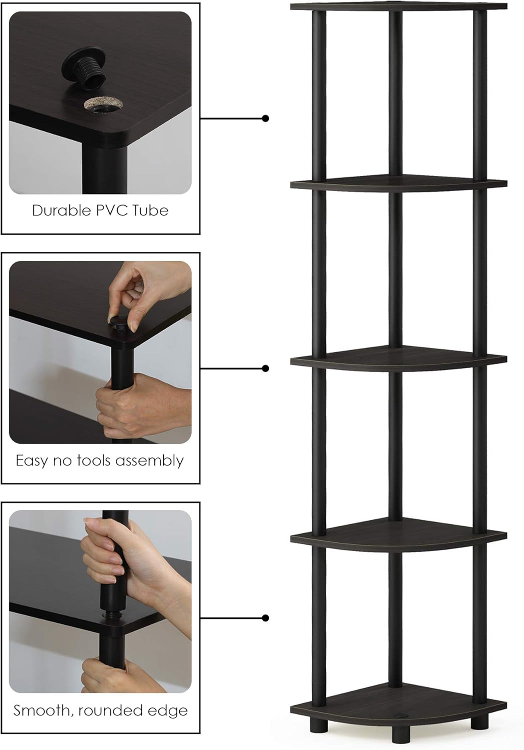 Furinno TURN-N-TUBE Corner Shelf Set of 2, 5-Tier Corner Bookshelf, Open Storage Shelves, for Organization and Storage, Living Room, Home Office, Garage, Espresso