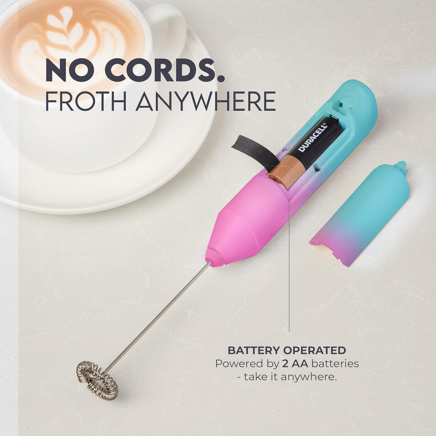 Zulay Kitchen Powerful Milk Frother Wand - Handheld Stainless Steel - Battery Operated Drink Mixer for Coffee, Lattes, Cappuccino, Matcha - Froth Mate Frother Gift - Teal Pink Fade