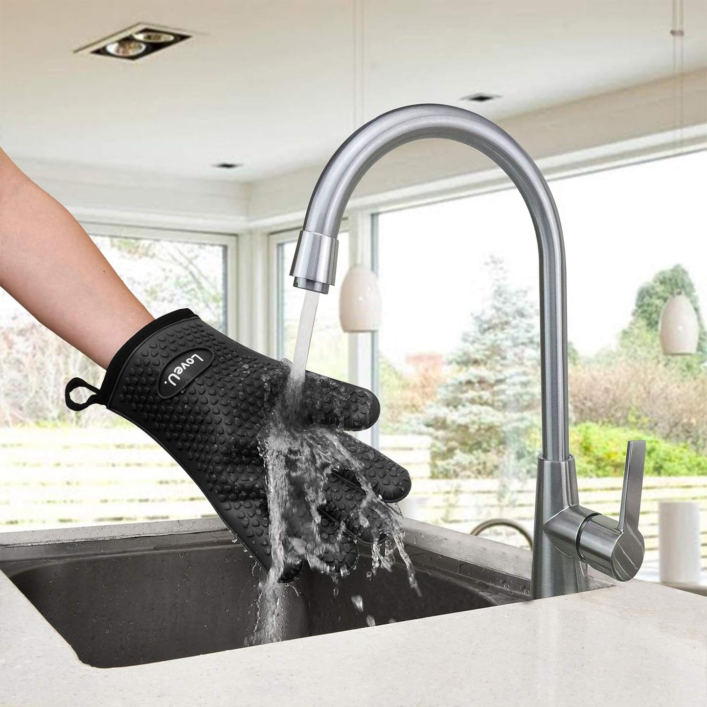 Kitchen Oven Gloves - Dual-Layer Heat Resistant Grilling Gloves, Silicone Oven Mitts with 5 Fingers, Waterproof Non-Slip Pot Holder for Barbecue, Cooking, Baking (XL-XXXL, Black)