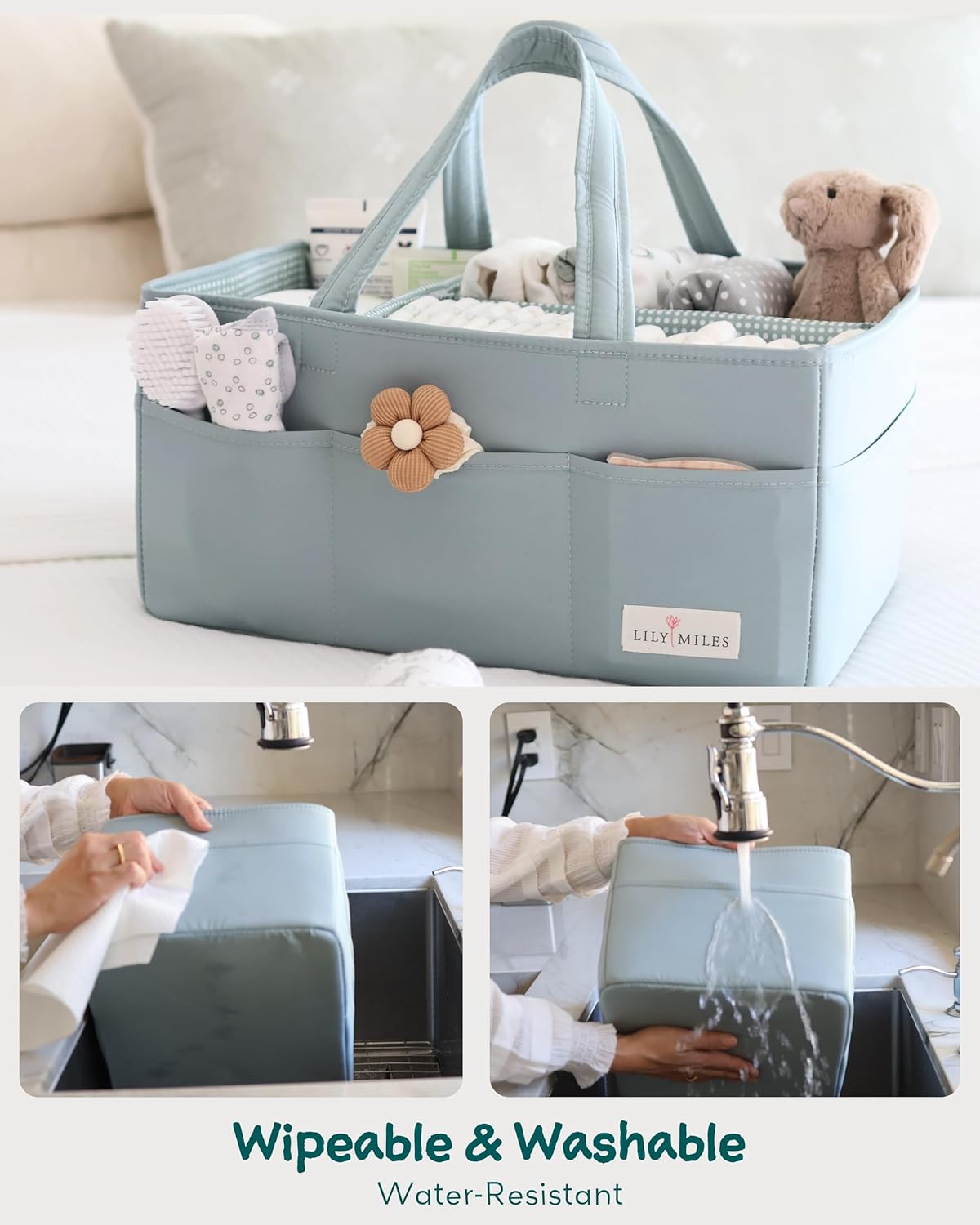 Lily Miles Baby Diaper Caddy Organizer, Wipeable Diaper Organizer Basket with 8 Pockets for Newborn Essentials, Nursery Tote Bag for Changing Table & Car Organization (Willow Green, Large)