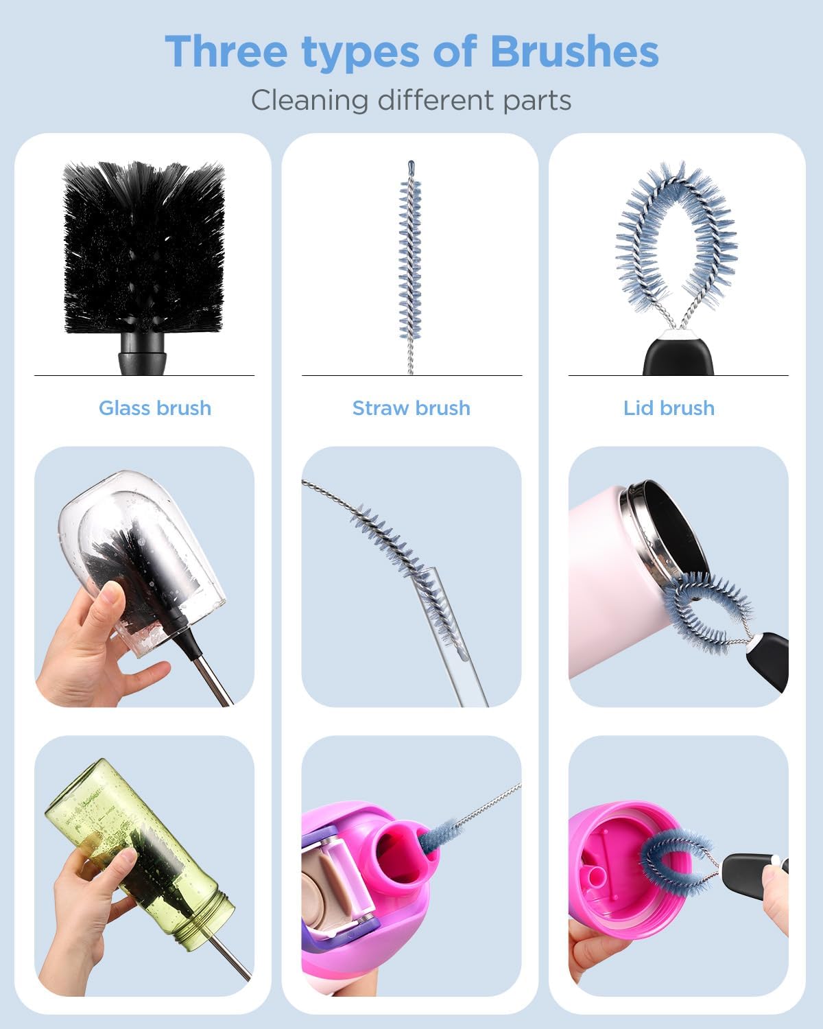 EasyAcc Water Bottle Cleaner Brush, 3 Pack 15 Inches Straw Brush Cleaner for Owala Stanley Hydroflask, Long Handle, with Straw Cleaner & Nipple Brush, for Coffee Mugs, Ice Tea Jars