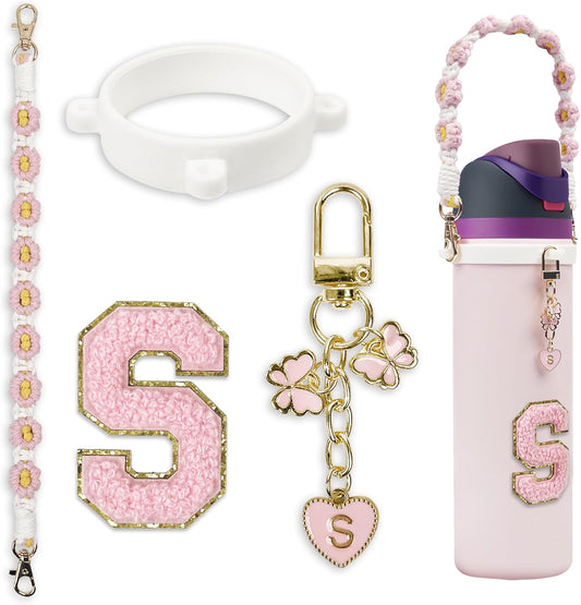 Cute Letter Charm Set Compatible with Owala Water Bottle 24 oz, 32 oz, 40 oz, Owala Kids, Owala Coffee Tumbler, Owala FreeSip – Includes Handle Strap, for Owala Accessories & Stanley Cup Accessories