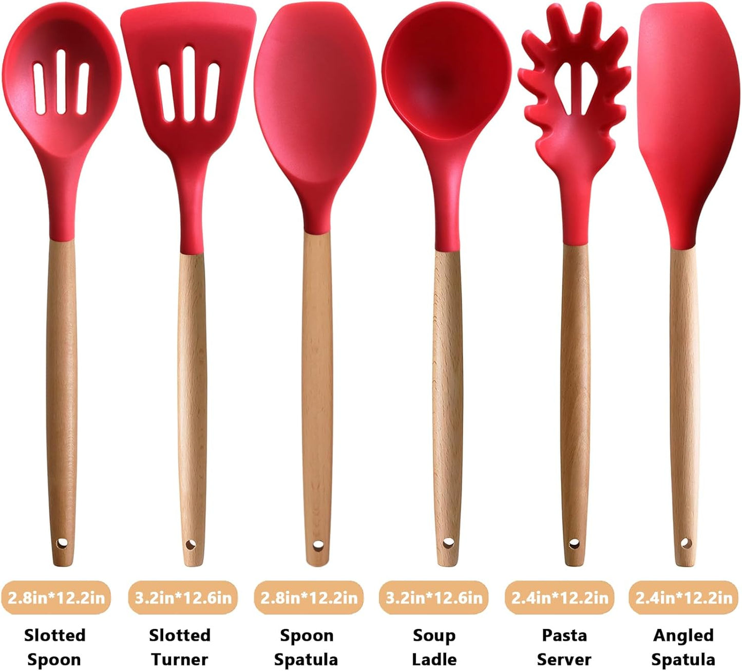 Kitchen Cooking Utensils Set 6Pcs Heat Resistant Silicone Kitchen Utensils Spatula Spoon Turner Ladle w Wooden Handle, BPA FREE Silicone Cooking Tool Gadget Set for Nonstick Cookware & Baking