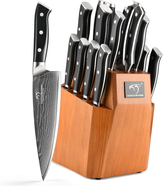 Kitchen Knife Set, 18-Piece Damascus Kitchen Knife Set with Block, ABS Ergonomic Handle for Chef Knife Set, Knife Sharpener and Kitchen Shears, Knife Block Set