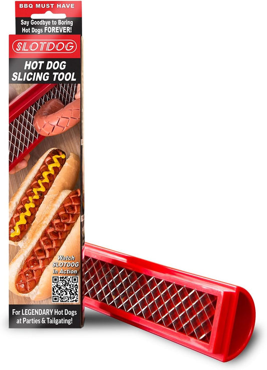 SLOTDOG - Hot Dog Slicing Tool - Stainless Steel Cutter Blades for Kitchen, Grilling, Tailgating, Camping and Backyard Outdoor BBQ - 10 inch - Red